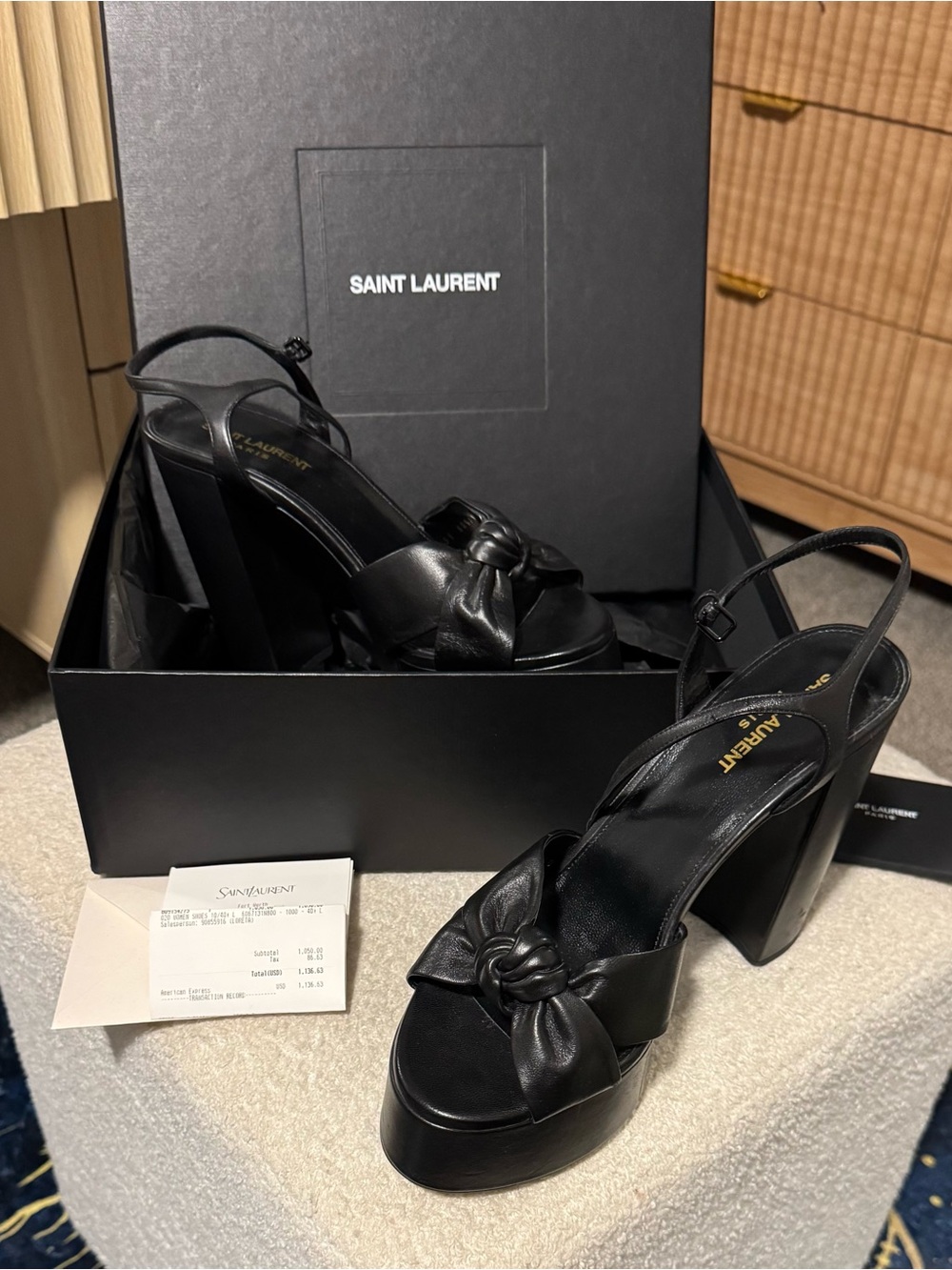Saint Laurent Black Leather Knotted Platform Slingback Sandals